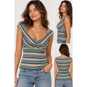 XOXO Y2K Striped Ruched Bust Cap Sleeve Babydoll Tee Blue Brown M coquette